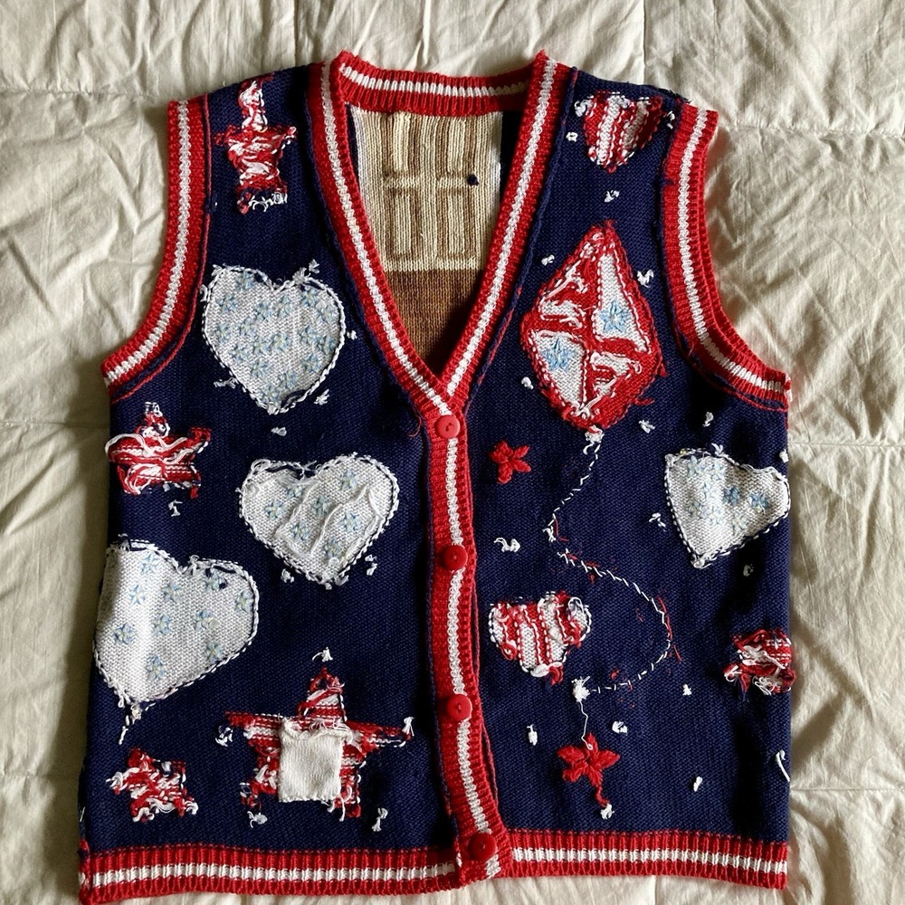 Vtg 1996 Eagles Eye Hand Knit Sweater Vest 3D Americana Marching Band USA Med - Picture 15 of 16